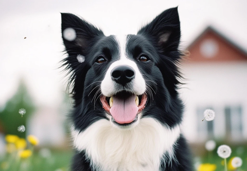 黑白边牧吐舌与飞舞蒲公英