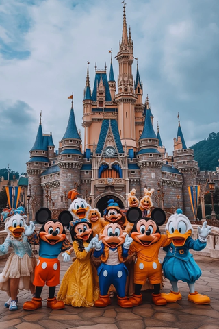 迪士尼城堡前的迪士尼卡通角色合影