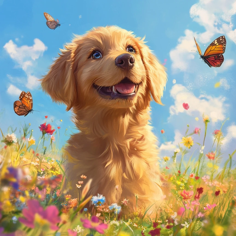 狗狗在野花丛中玩耍