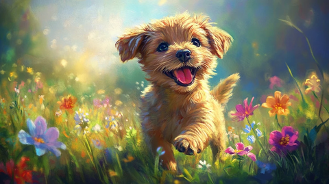 小狗欢快吠叫草地花丛