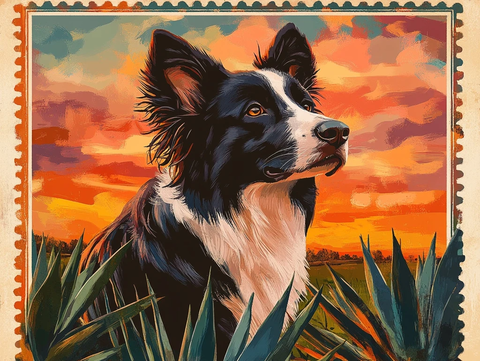 黑白牧羊犬与龙舌兰日出