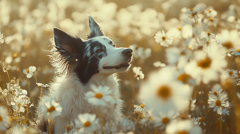 蓝边牧犬花海中戏耍