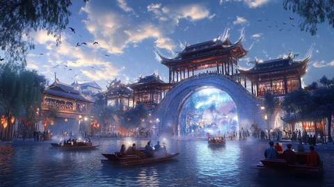 古色古香中式建筑夜景与游船的景象