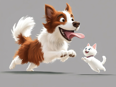 边境牧羊犬追逐小白猫