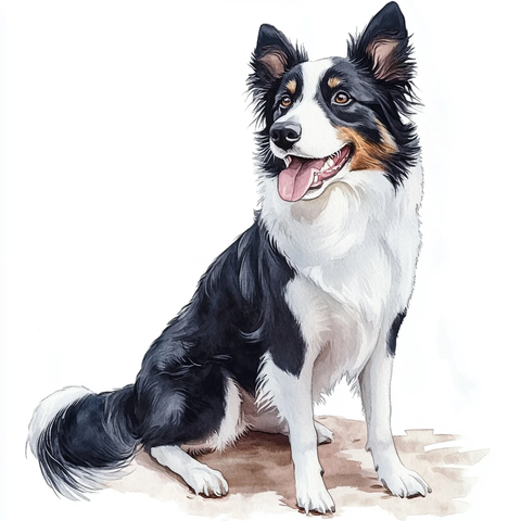 边牧犬坐姿水彩插画