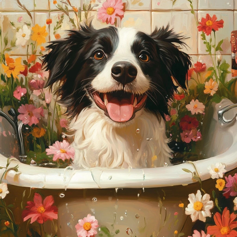 边牧犬浴缸花朵油画