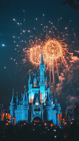 城堡上空绽放绚丽烟花的美丽夜景