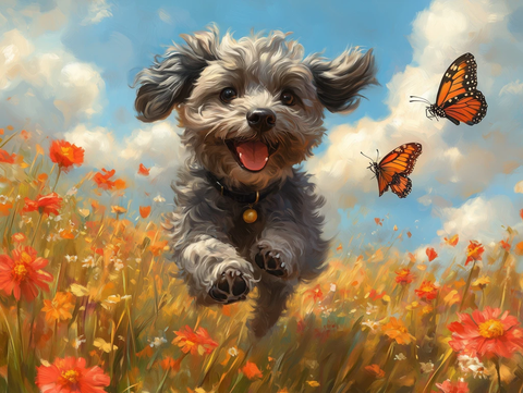 银色贵宾犬追逐蝴蝶