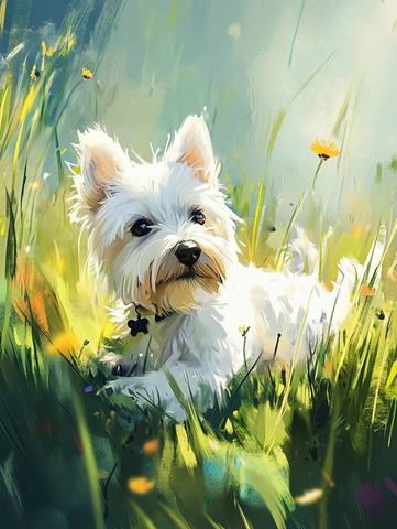 白西高地犬草地玩耍