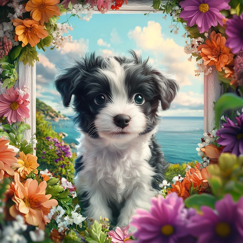 小狗从花丛中跃出海景为伴