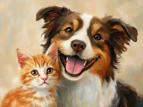 边境牧羊犬与橘猫肖像