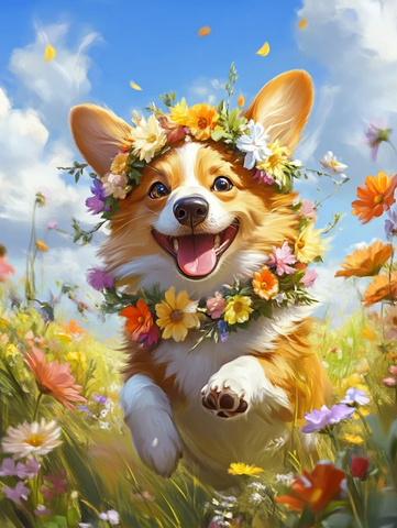 花环柯基奔跑花海