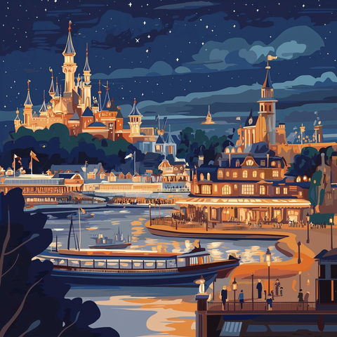 童话城堡夜景下的河畔风光