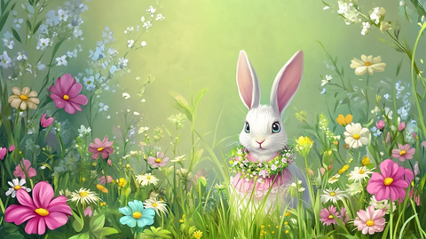 彩色花园仙兔花卉插画