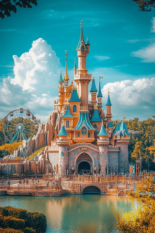 童话城堡风光与摩天轮相映成趣的景象
