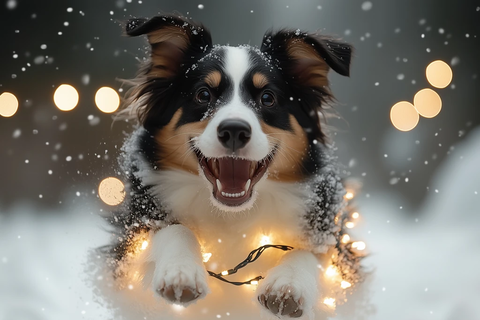 边境牧羊犬雪地嬉戏圣诞灯