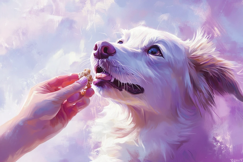 狗狗接零食紫色背景插画