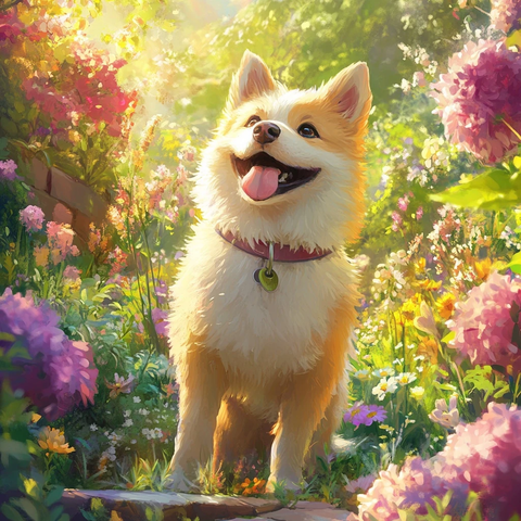 花园中的花朵与狗狗