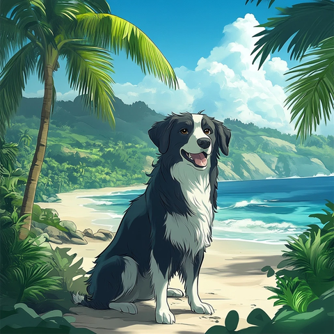 边境牧羊犬坐沙滩望向远方