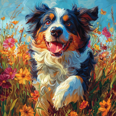 伯恩山犬穿越野花草原