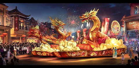 人群围观双龙造型彩车夜景图