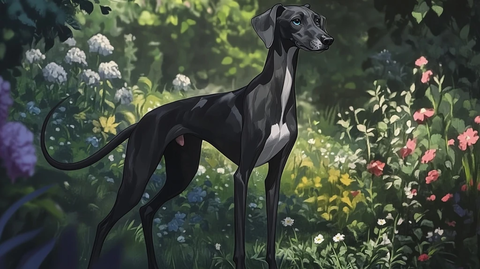 黑色灵缇犬花园中站立