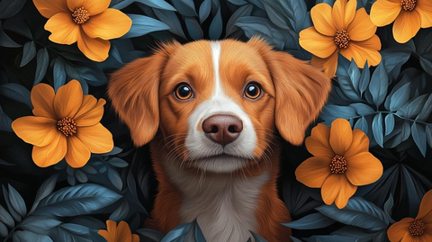 黄色花卉中的可爱狗狗