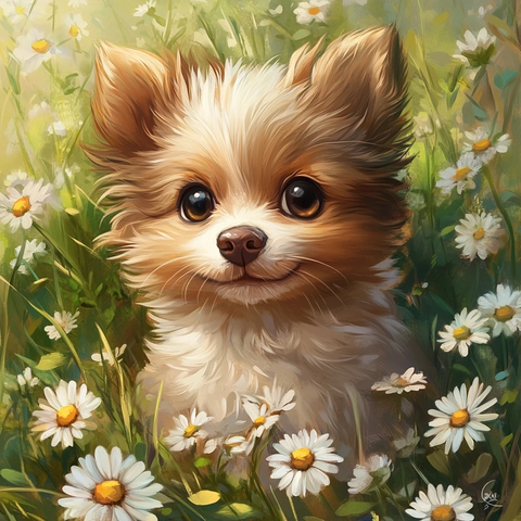 小狗坐草地与雏菊