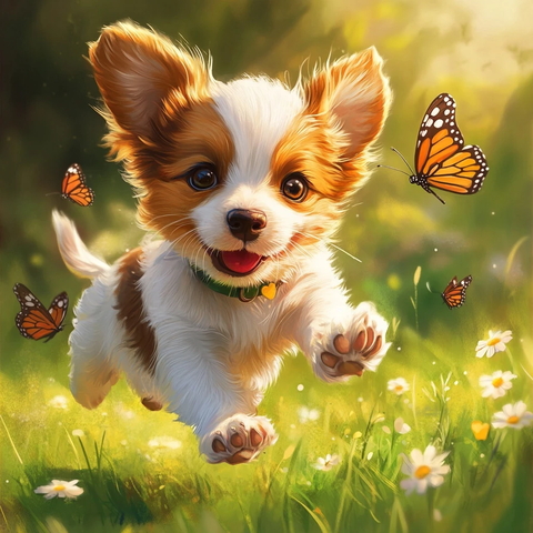 小狗追逐蝴蝶草地玩耍