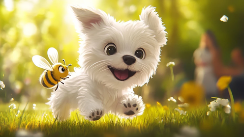 白狗微笑追蜂卡通画