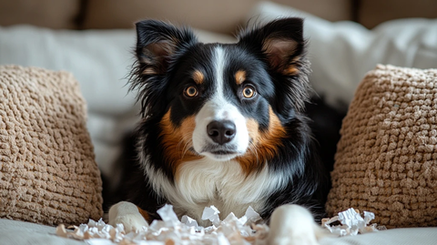 边牧犬沙发上撕纸注视镜头