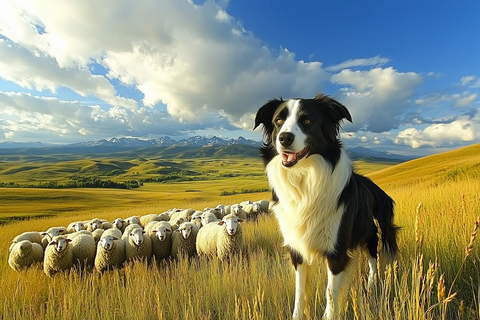 牧羊犬驱赶羊群田野