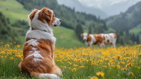 牧羊犬凝视瑞士牛群