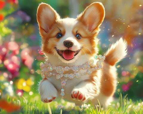 钻石项圈柯基犬奔跑花园