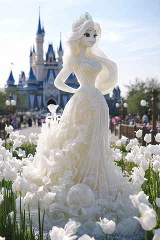 迪士尼城堡前的艾莎公主雕像