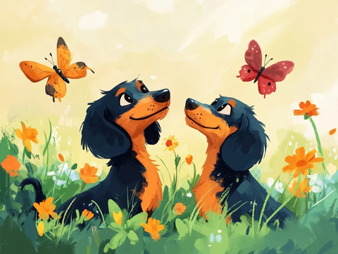 达克斯猎犬草地蝴蝶野花