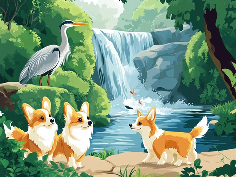 柯基犬瀑布旁与灰鹭同行