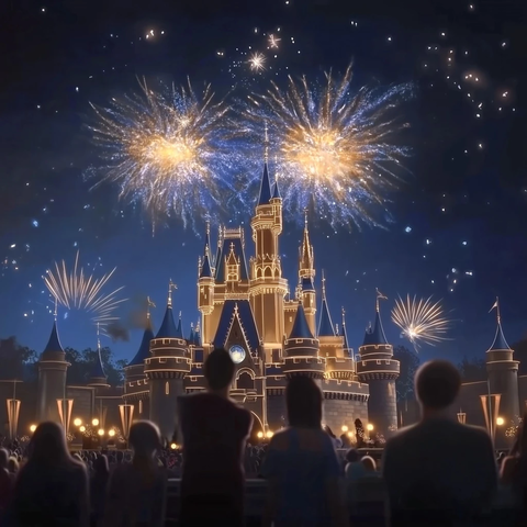 迪士尼城堡夜景烟花下的人群观赏画面