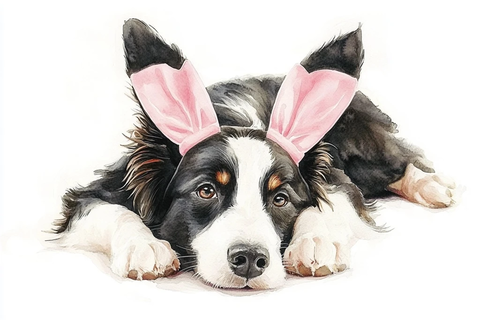 边牧犬戴兔耳躺下水彩画