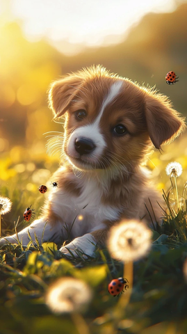 小狗草地玩耍周围有蒲公英和瓢虫