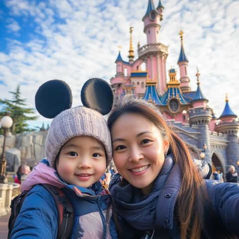 迪士尼城堡前的母子合影