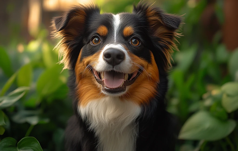 澳洲牧羊犬坐在绿植前