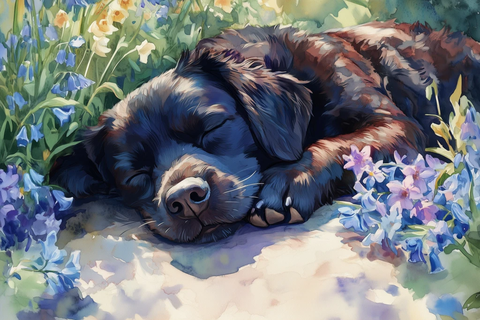 小狗躲藏花园小径蓝铃花中