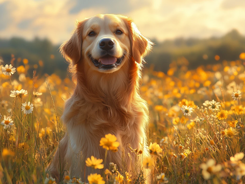 金毛犬坐在阳光草地