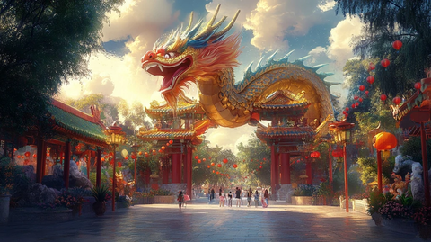 中式建筑前有巨龙雕塑的热闹场景