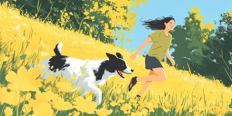 花丛中散步的女人和狗