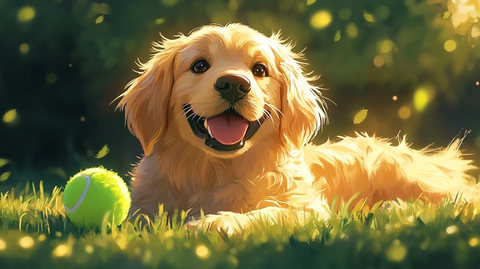 金毛犬玩网球草地卡通