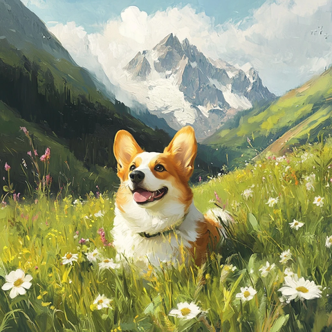 柯基草地山景花卉画