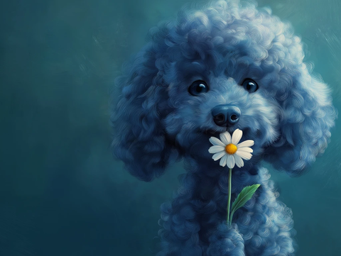 蓝色贵宾犬嘴叼花朵