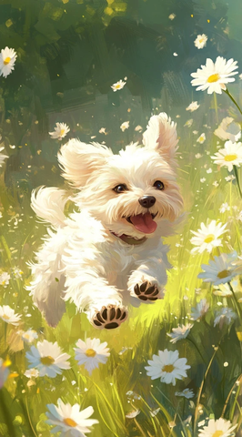 绿草地白雏菊奔跑马尔济斯犬